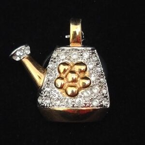 Vtg Roman Gold & Silver Tone Garden Watering Can Brooch Pin Clear Rhinestones
